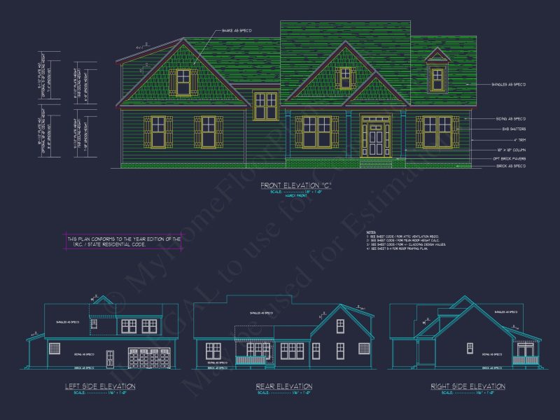 Craftsman house Plan with 4 Bedrooms, 2 Floors & 3 Elevations