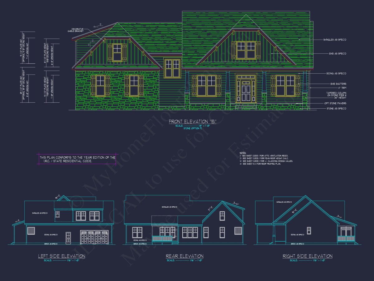 Craftsman house Plan with 4 Bedrooms, 2 Floors & 3 Elevations