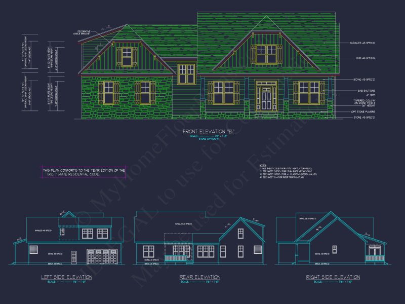 Craftsman house Plan with 4 Bedrooms, 2 Floors & 3 Elevations