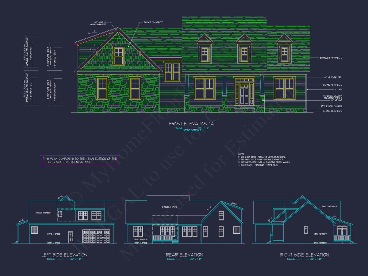 Craftsman house Plan with 4 Bedrooms, 2 Floors & 3 Elevations