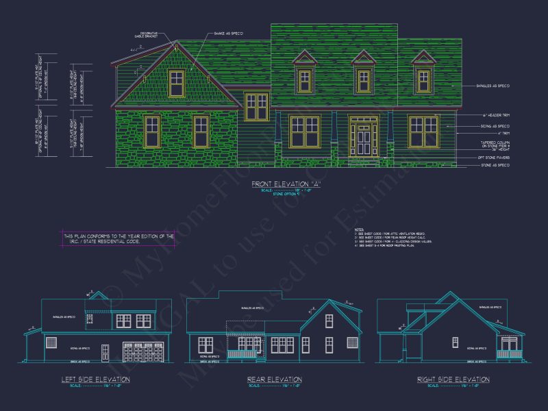 Craftsman house Plan with 4 Bedrooms, 2 Floors & 3 Elevations
