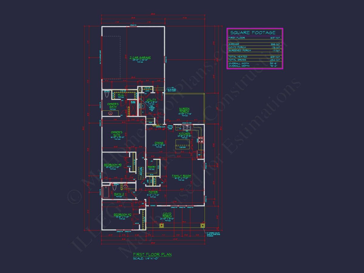 Craftsman Ranch house Plan with Detailed Floor Plan and CAD Designs