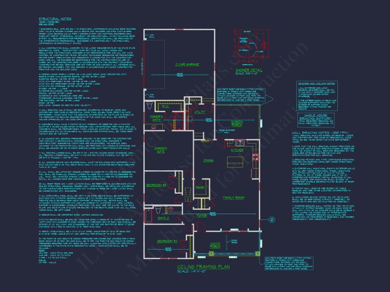 Craftsman Ranch house Plan with Detailed Floor Plan and CAD Designs