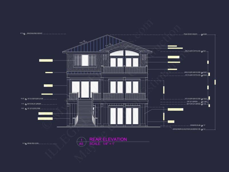 Custom Beach house Plan with 3 Floors, 4 Bedrooms & CAD Design