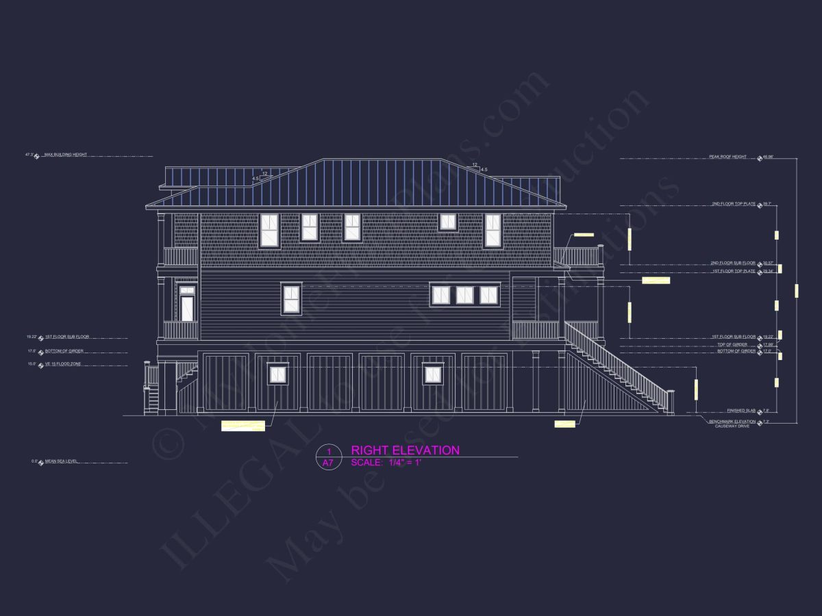 Custom Beach house Plan with 3 Floors, 4 Bedrooms & CAD Design