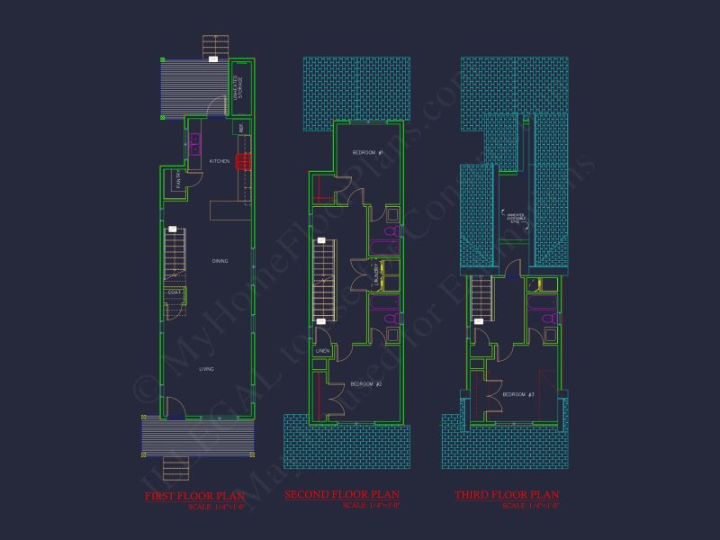 Efficient 3-Story house Floor Plan with CAD Architecture Designs
