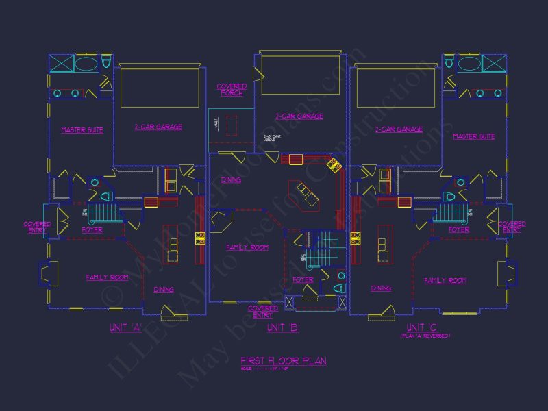Efficient Multi-Family Triplex house Plan with CAD Designs