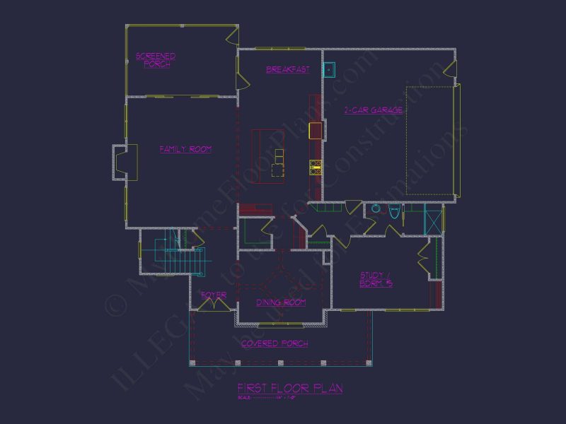Elegant house Design: 3-Story CAD Floor Plan with Colonial Style