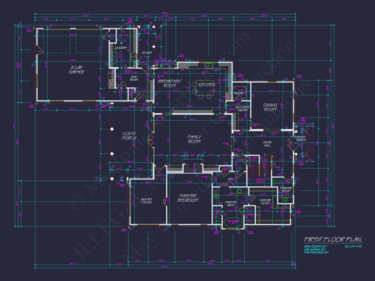 French Country 2-Story house Plan: 4-Bed, 3.5 Bath, Blueprint