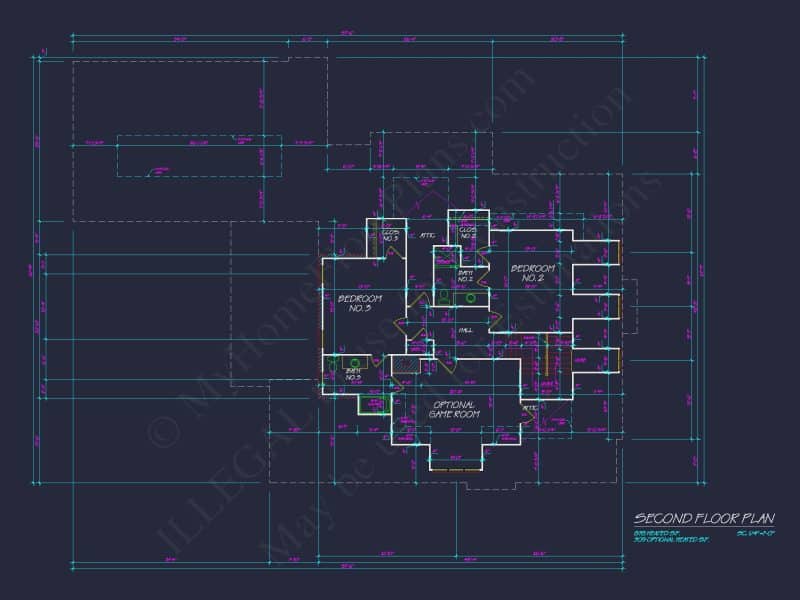 French Country 2-Story house Plan: 4-Bed, 3.5 Bath, Blueprint