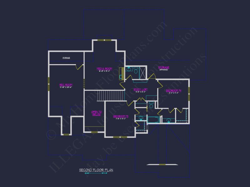 house Architectural CAD Blueprint - Large 4-Bedroom Floor Plan