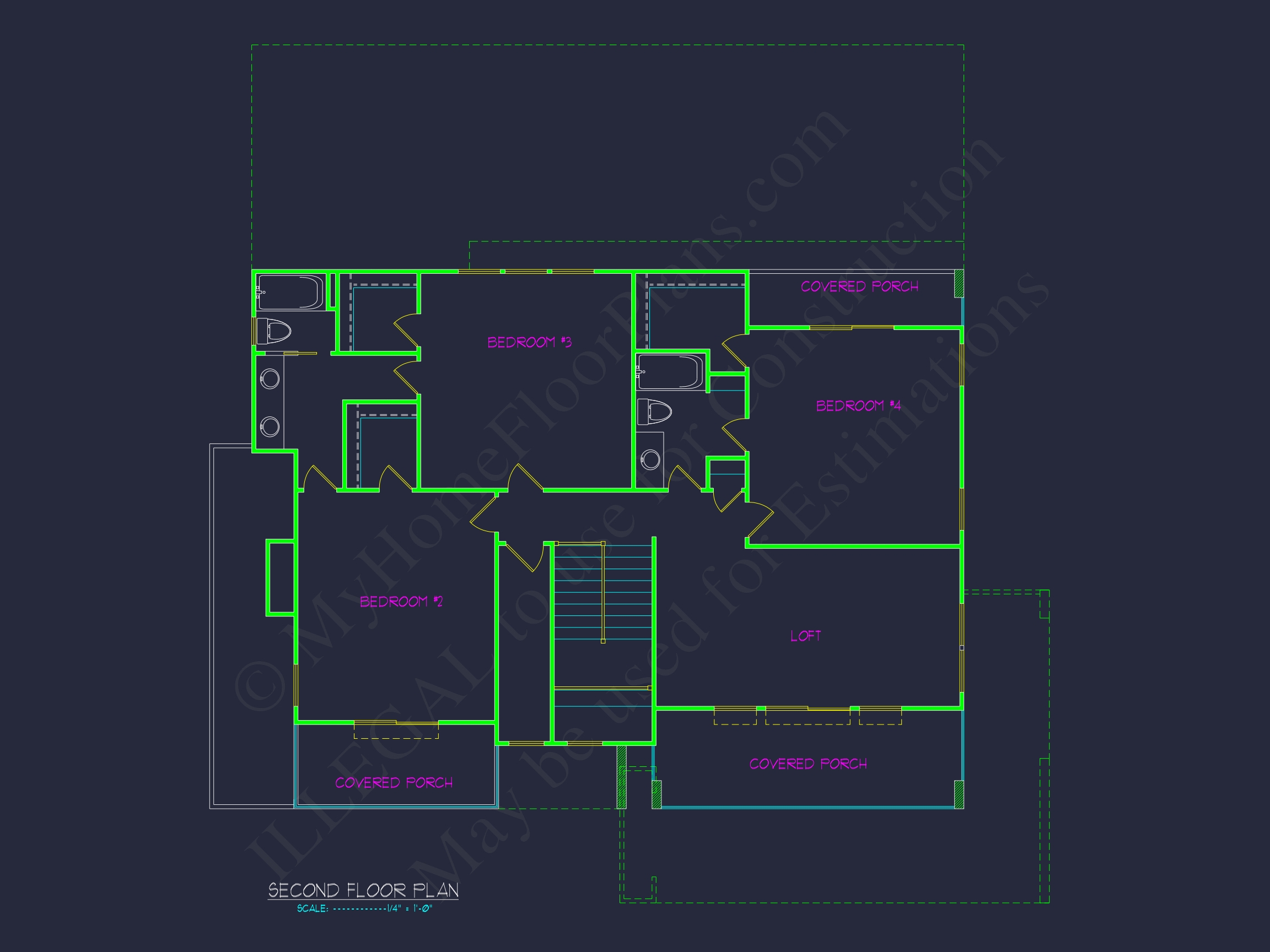 Modern 2-Story Home Floor Plan with Detailed CAD Designs