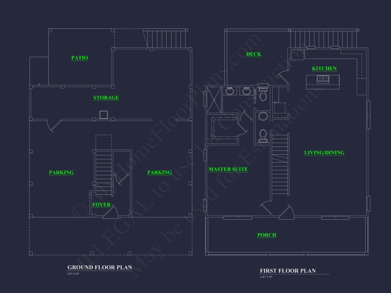 Modern Beach House CAD Blueprint with 2-Story Floor Plan