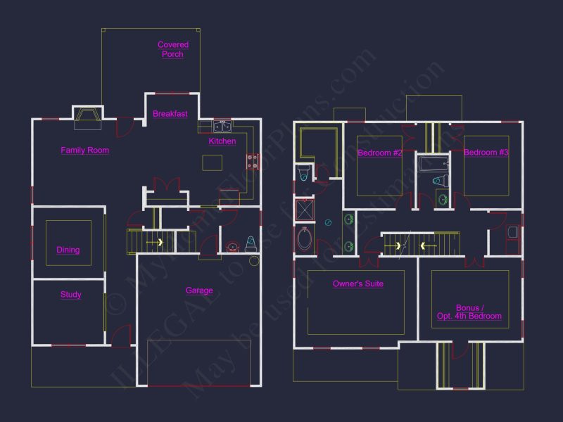 Modern Colonial Floor Plan With 4 Bedrooms & CAD Designs