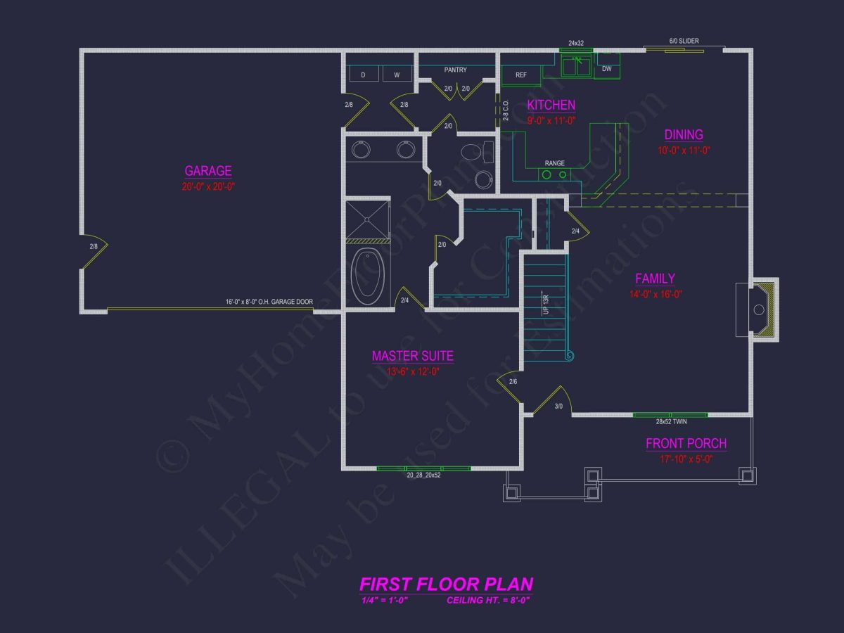 Modern Colonial Revival house Plan with 4 Bedrooms & CAD Blueprint