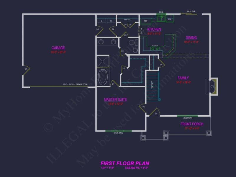 Modern Colonial Revival house Plan with 4 Bedrooms & CAD Blueprint