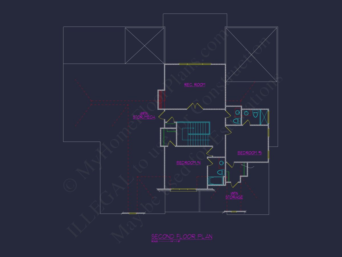 Modern Craftsman house Floor Plan with 5 Bedrooms and CAD Designs