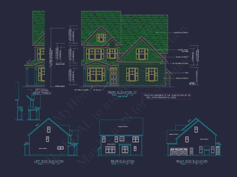 Modern Craftsman house Plan: 2-Story CAD Blueprint with Details
