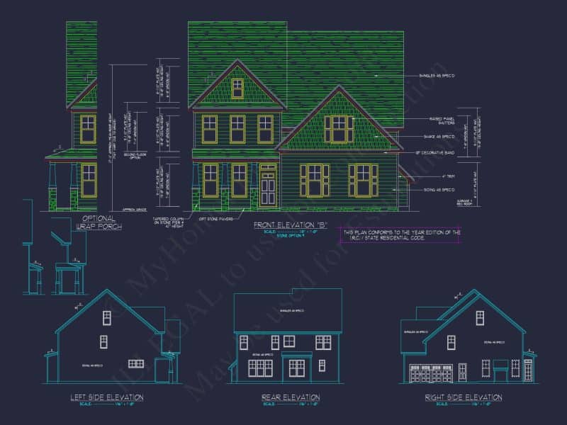 Modern Craftsman house Plan: 2-Story CAD Blueprint with Details