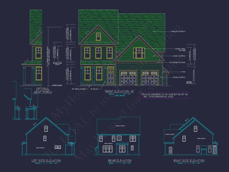Modern Craftsman house Plan: 2-Story CAD Blueprint with Details