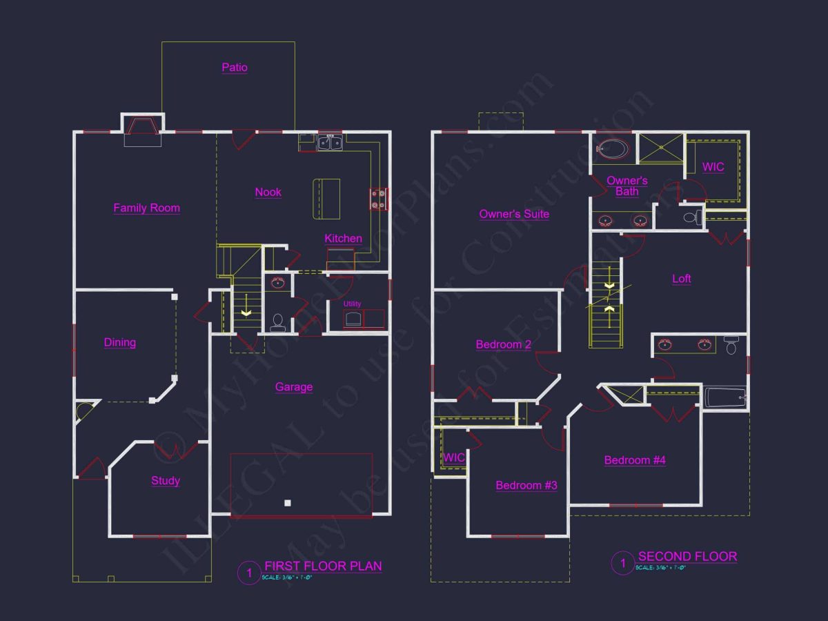 Modern house Plan with 4 Bedrooms, CAD Blueprint & Open Design