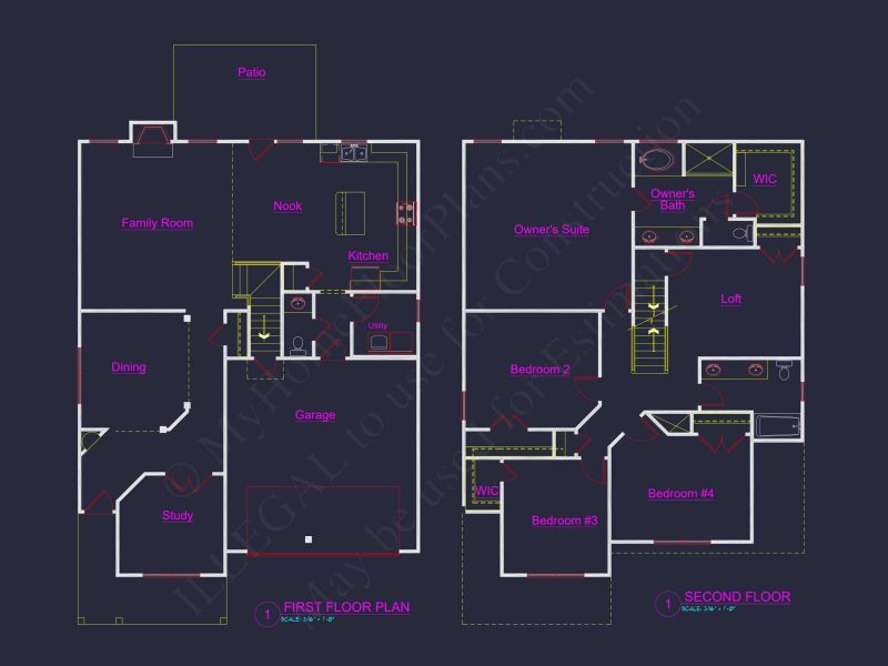 Modern house Plan with 4 Bedrooms, CAD Blueprint & Open Design