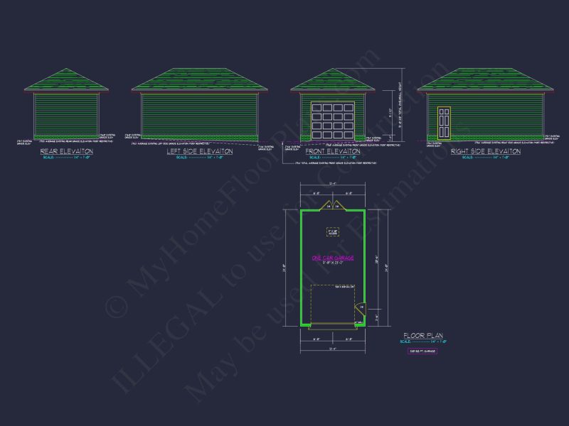 One-Car Garage Plan with Detailed CAD Blueprint and Architecture Designs