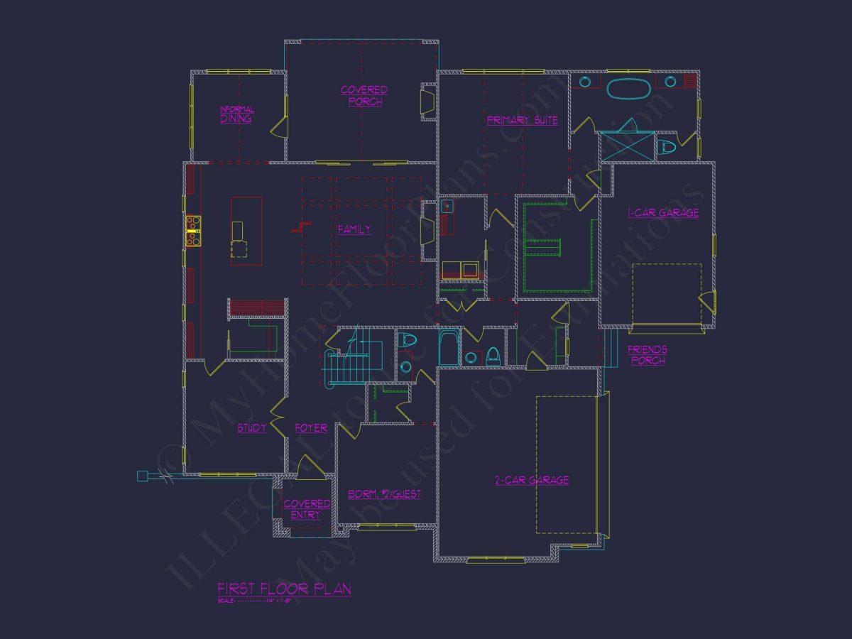 Spacious 2-Story house Plan with 4 Bedrooms and 3 Garage Bays