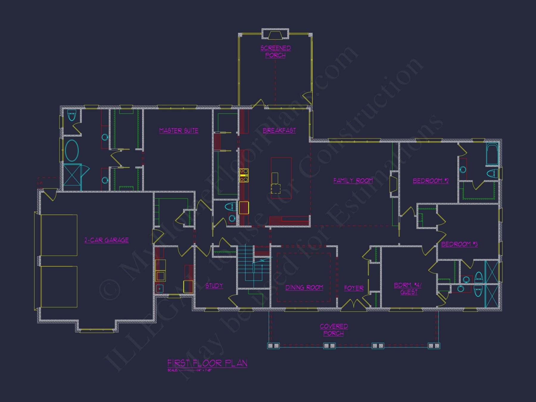 Spacious house Plan with 4 Bedrooms, Study, and CAD Designs
