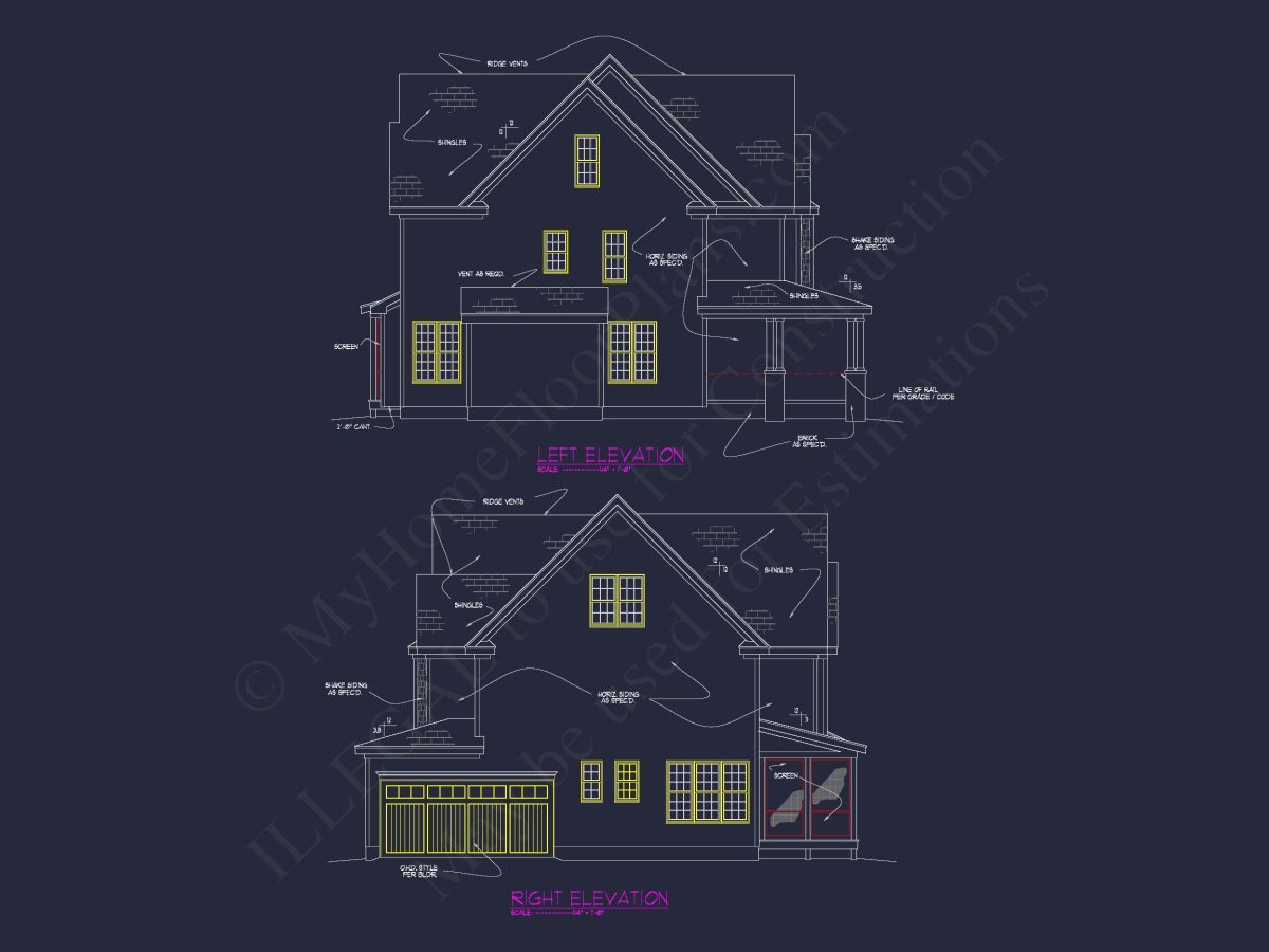 Three-Story Country Craftsman house Blueprint with CAD Designs