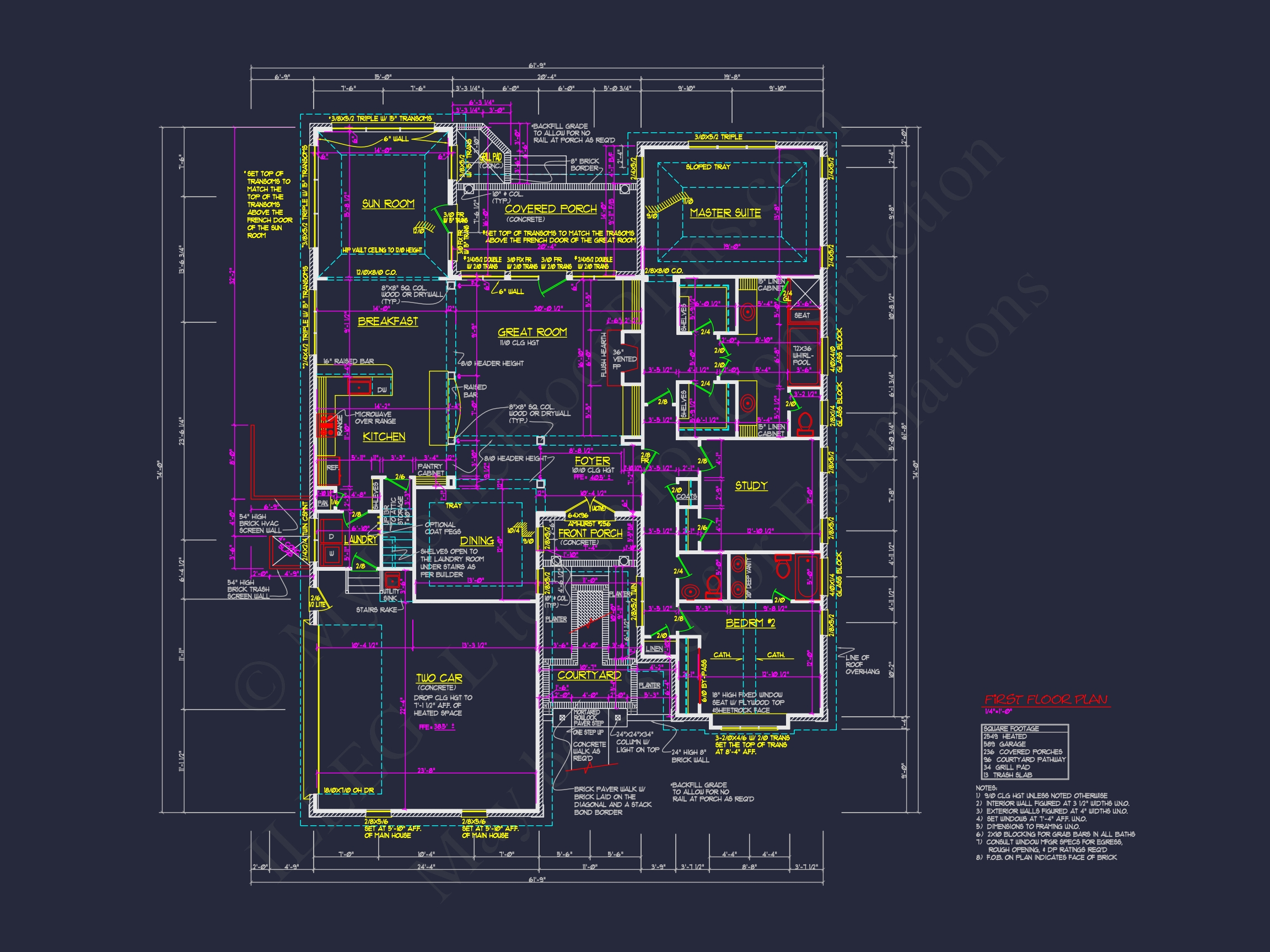 Traditional 3-Bedroom Home Plan with Courtyard (Blueprint)