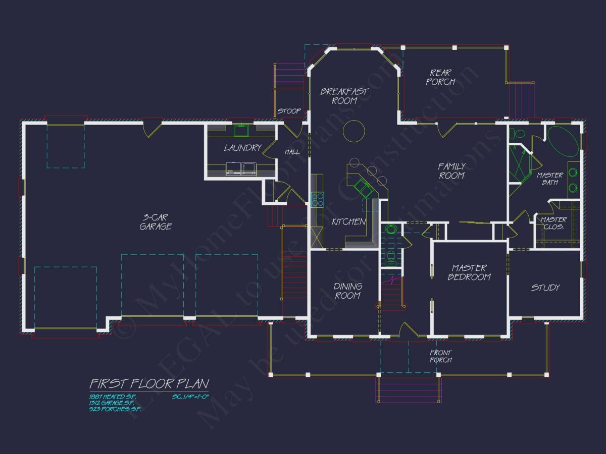 Traditional house Floor Plan with CAD Designs & 3 Garage Bays