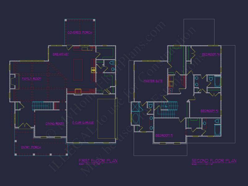 Traditional house Plan with 2.5 Stories, 4 Beds, and CAD Blueprint