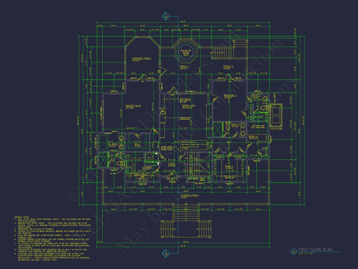 Beach house Plan w/Elevator, 4 Beds, 3 Baths, & Garage