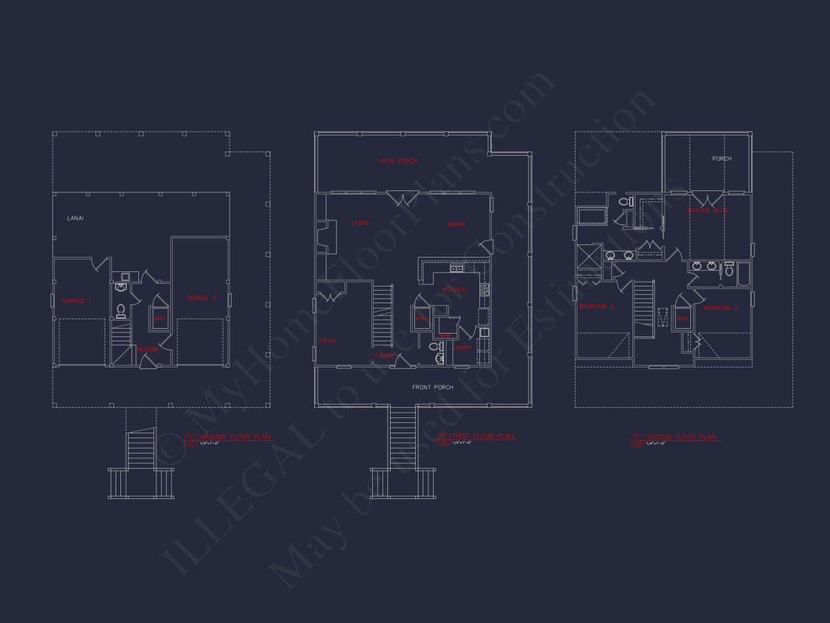 Beach House Blueprint: 2.5-Story house with Split Garage