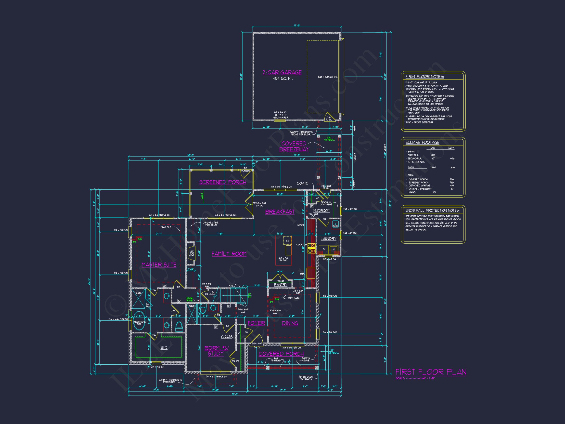 Craftsman house Floor Plan with Detached Garage and CAD Designs