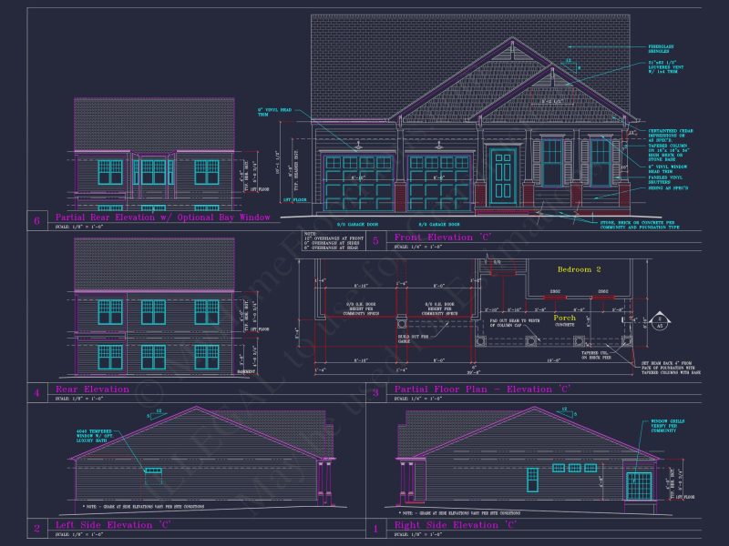Craftsman-Style house Floor Plan: 2-Story CAD Designs with 3 Beds