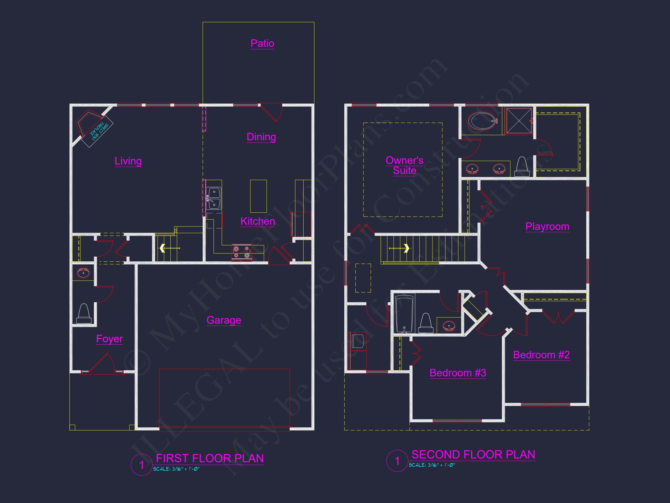 house Plan Blueprint with 2 Floors,3 Beds,and Garage