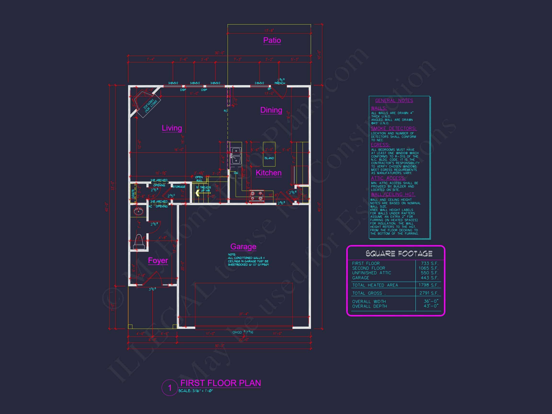 house Plan Blueprint with 2 Floors,3 Beds,and Garage