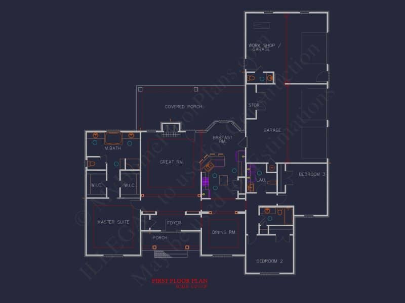 Modern house Floor Plan with 3 Beds, CAD Designs, and Workshop