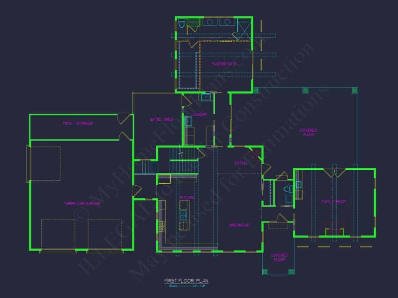 Modern house Floor Plan with 3-Car Garage and CAD Designs