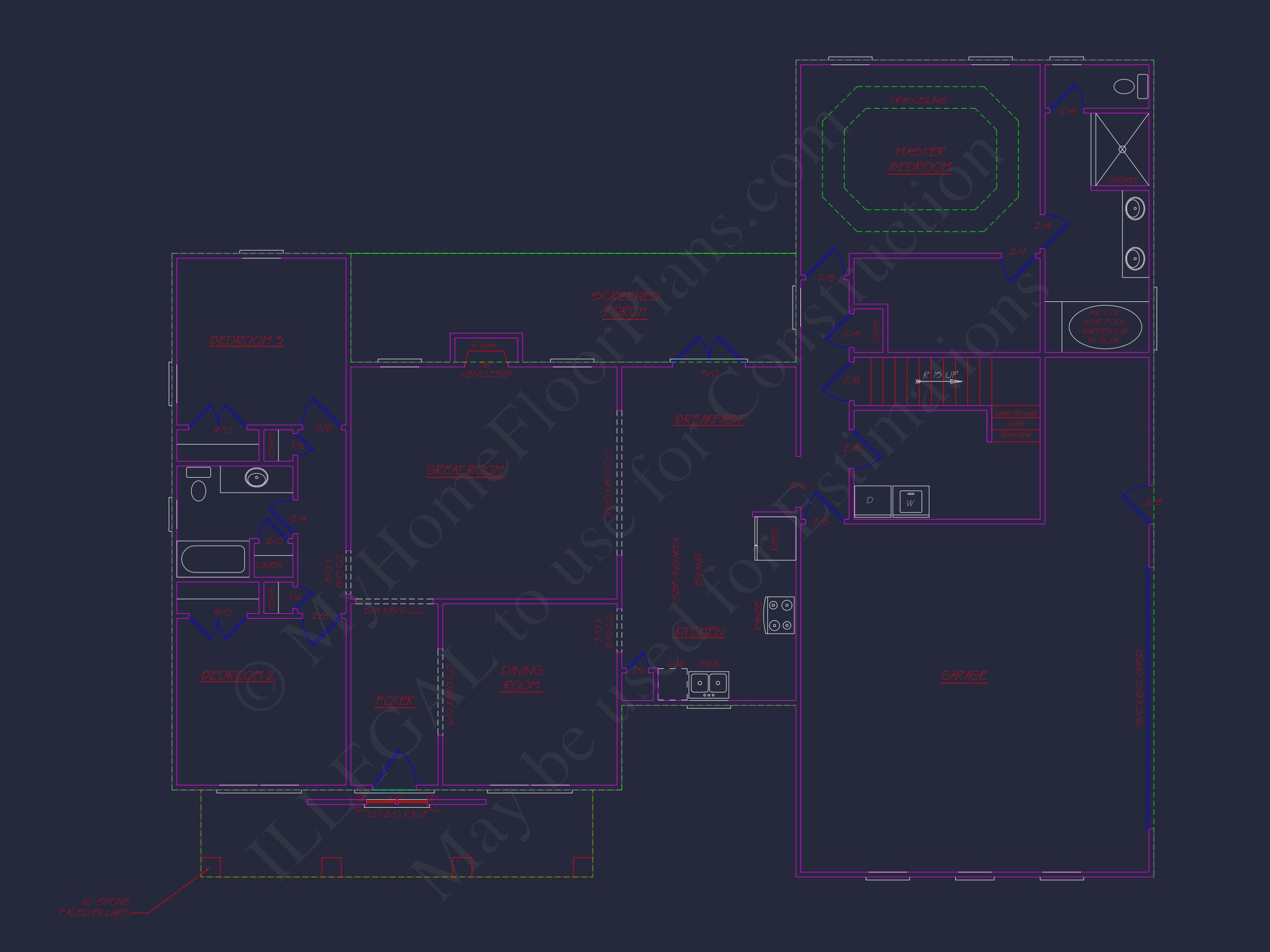 Spacious Ranch house Plan: 2008 Sq. Ft. Heated with Open Design