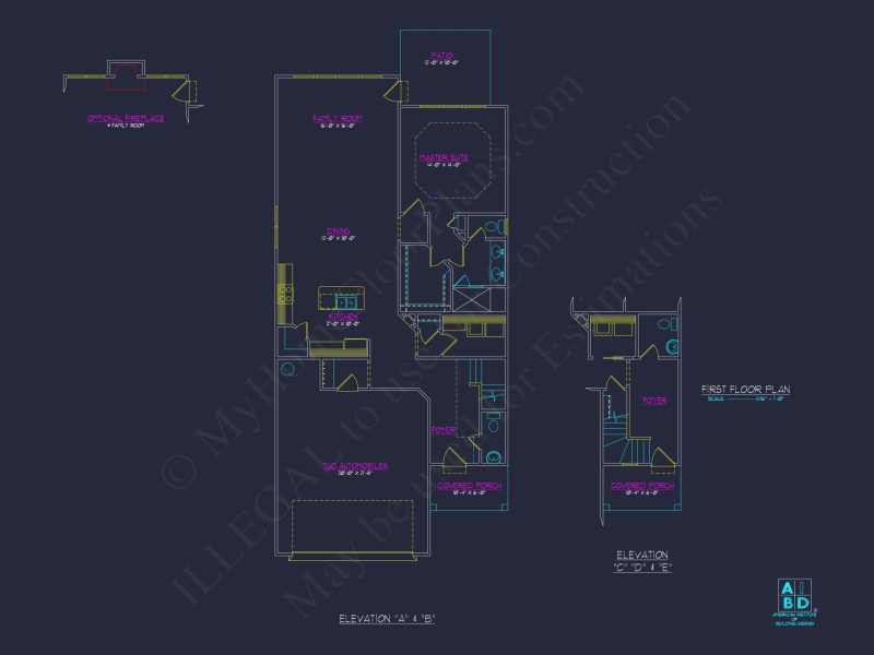 Stylish house Plan: 3-Bedroom CAD Floor Designs & Blueprint
