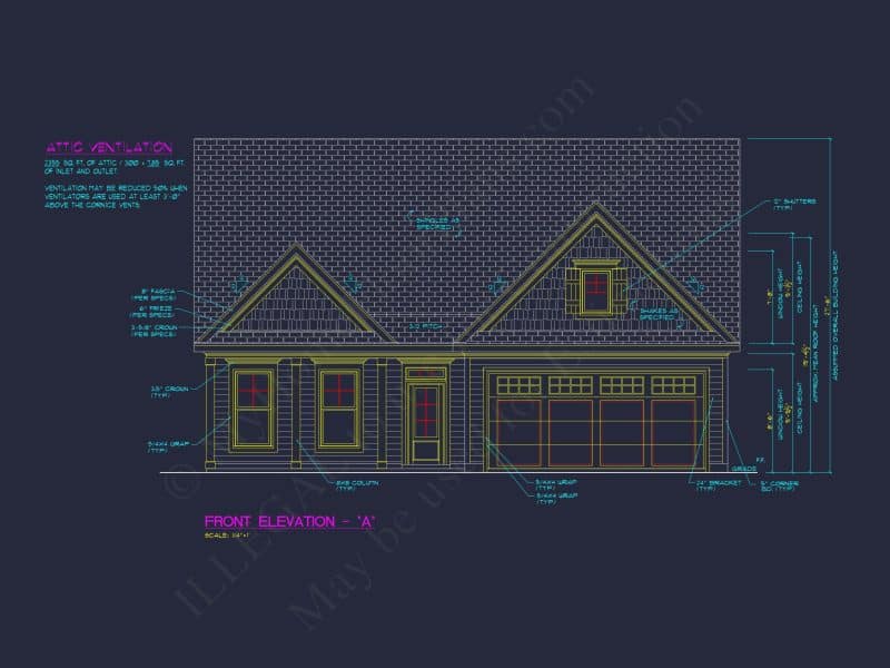 Traditional house Plan with 3 Bedrooms, 2-Car Garage & CAD Designs