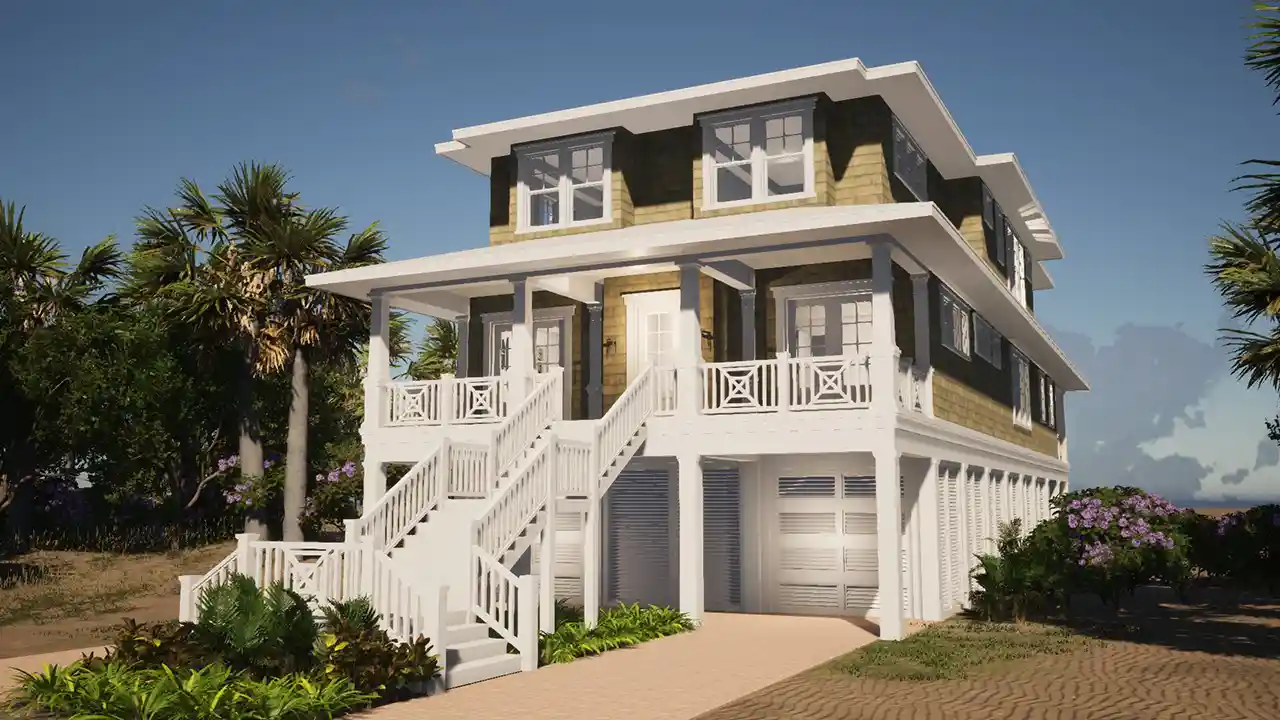 coastal home plans Two-story coastal house plans with a covered front porch, double staircases, white railings, large windows, and a garage underneath, surrounded by palm trees and greenery.