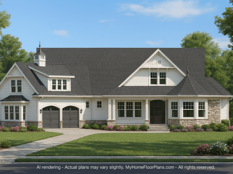 Coastal Craftsman Home Plan 4-Bed, 3-Bath Floor Plan Blueprint