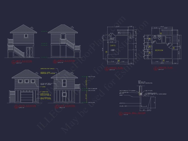 Compact 2-Story Golf Cart Garage Home Floor Plan Design