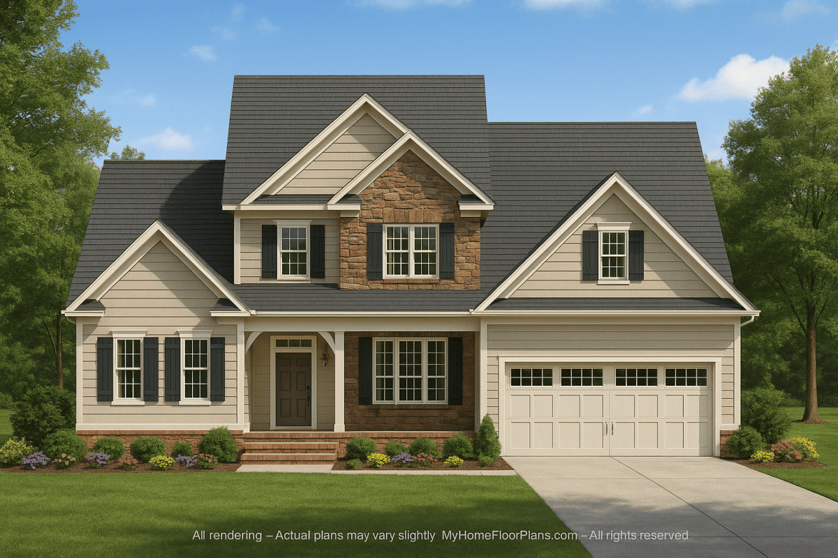 Craftsman Home Floor Plan with 5 Bedrooms and 2-Car Garage