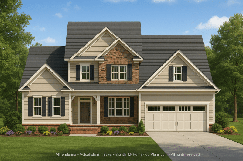 Craftsman Home Floor Plan with 5 Bedrooms and 2-Car Garage