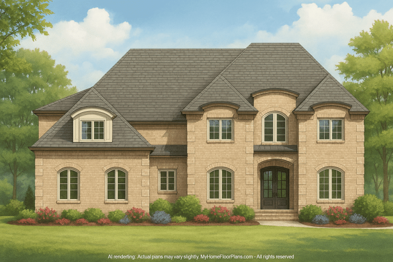 Elegant 2-Story House Plan with European Architecture and Bonus Spaces